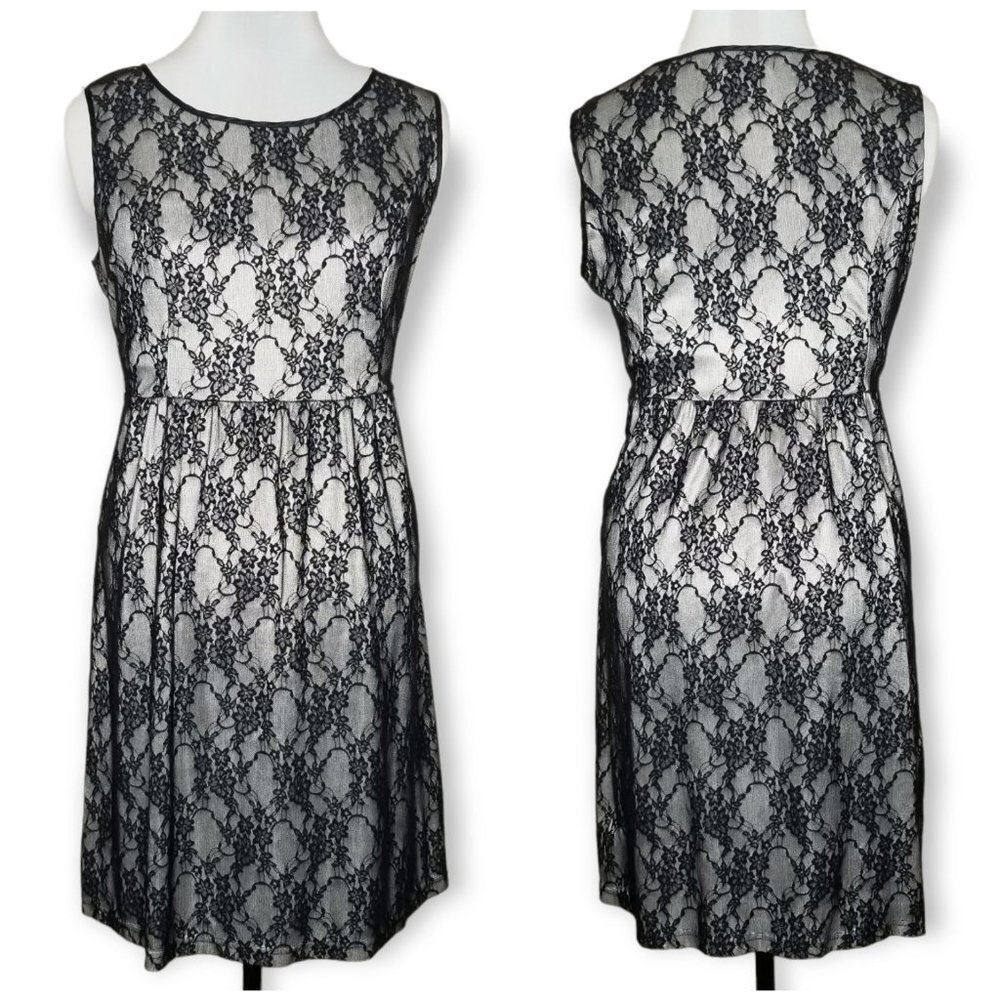 ⚡️Cream Satin Dress With Black Lace Floral Overlay Knee Length WhimsiGoth Y2K